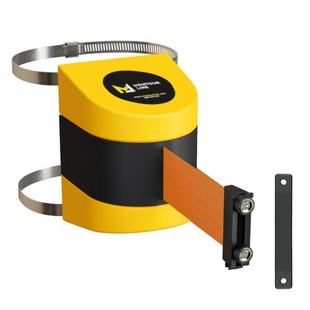 MONTOUR LINE Retractable Belt Barrier Yellow Clamped Mount, 20ft. Orange Belt (M) WMX160-YW-OR-C-M-200